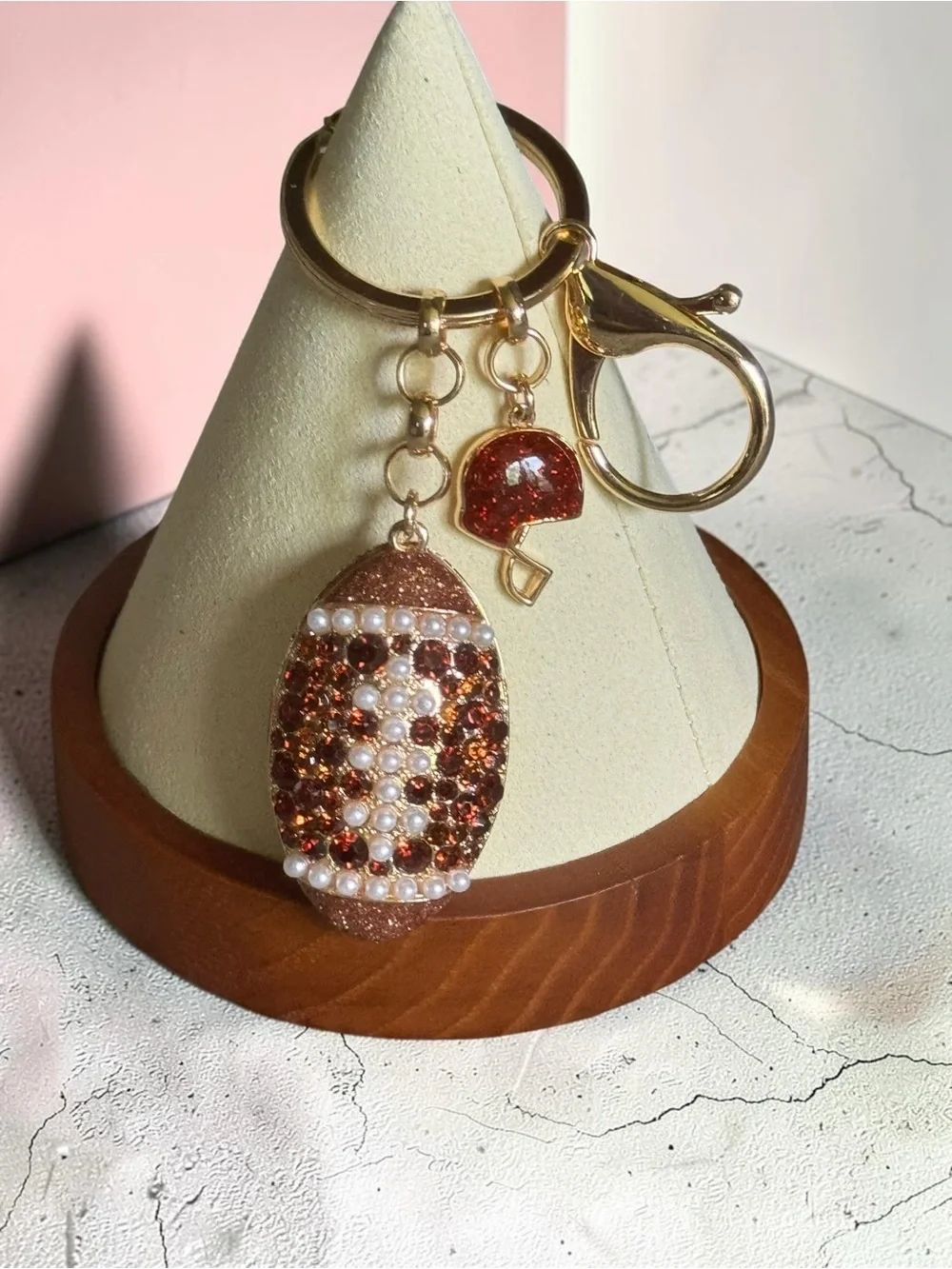 Handcrafted Brown Beaded Football Keychain with Pearl Accents NIP